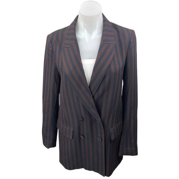 H&M Brown Black Striped Double Breasted Notch Collar Blazer Coat Jacket Size 6 - Picture 1 of 5